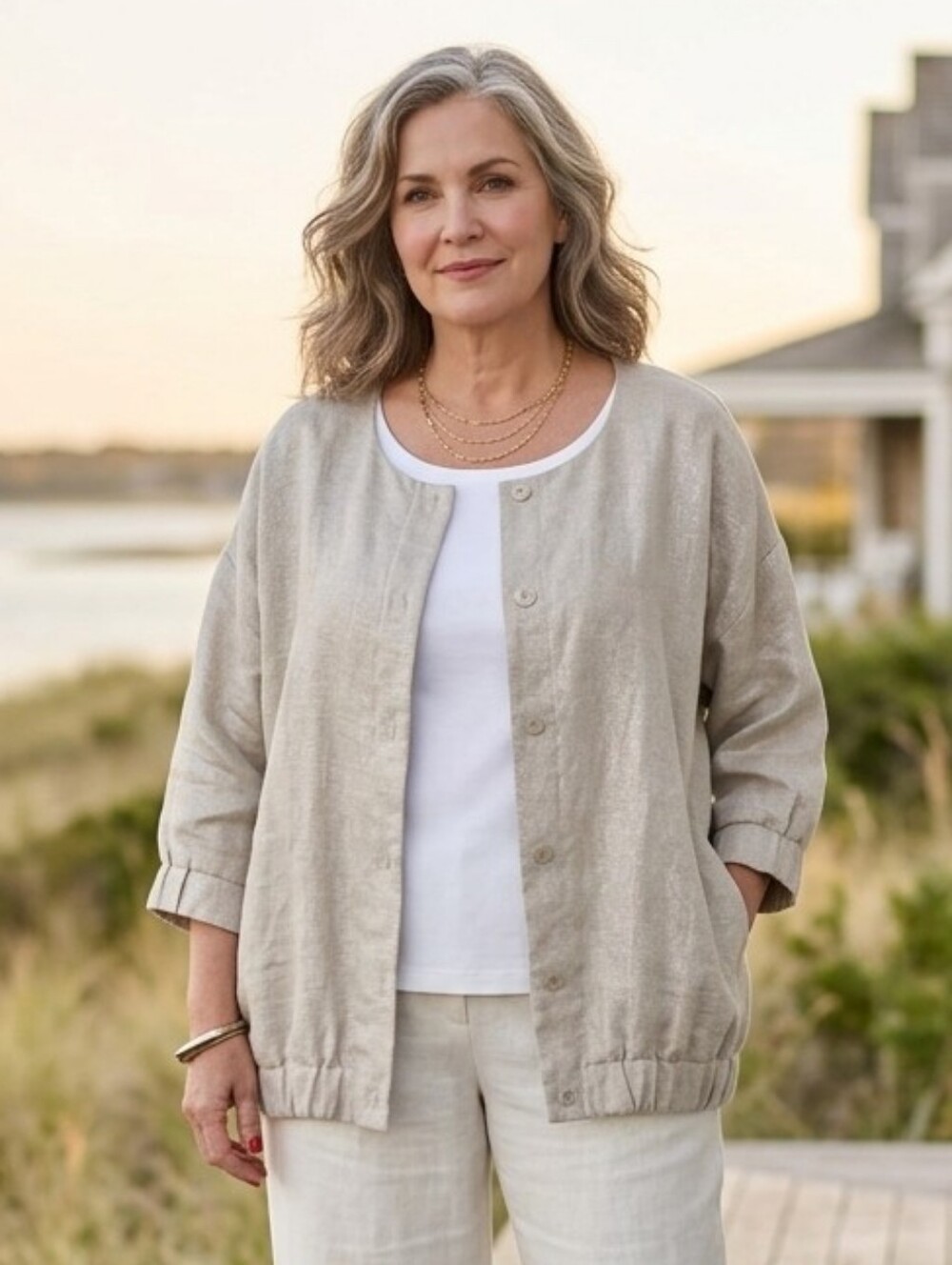 Eileen Fisher 3X Quiet Luxury Coastal Chic Lagenlook Metallic Weave Linen Jacket